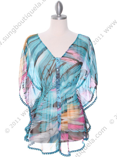 BL020 Turquoise Crochet Back Print Top - Turquoise, Front View Medium