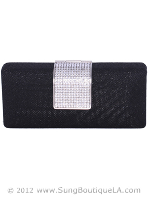 C028 Black Glitering Evening Clutch with Rhinestone Clip, Black