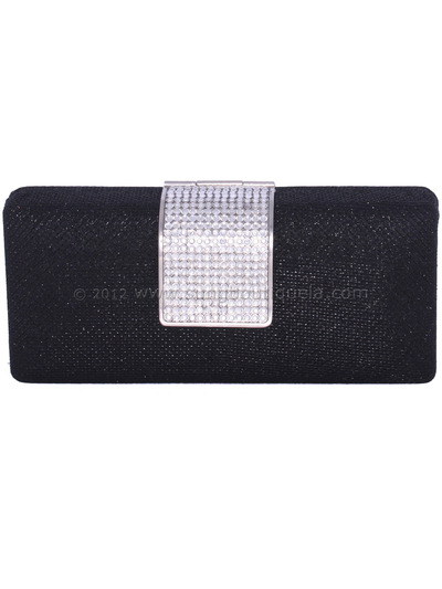 C028 Black Glitering Evening Clutch with Rhinestone Clip - Black, Front View Medium