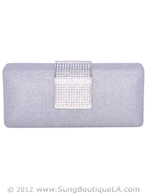 C028 Silver Glitering Evening Clutch with Rhinestone Clip, Silver