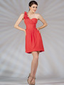 C1288S Sweetheart Single Floral Shoulder Cocktail Dress - Coral, Front View Thumbnail