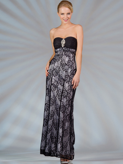 C1290 Lace Evening Dress - Black White, Front View Medium