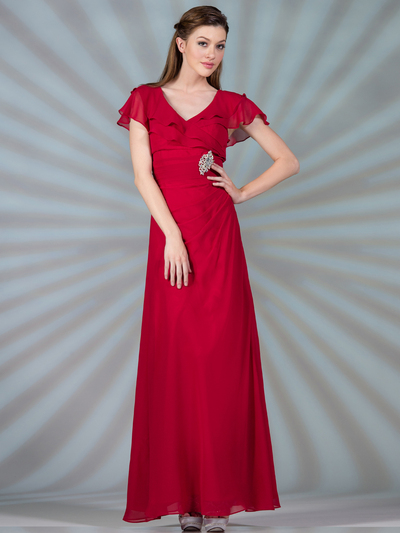 C1298 Cap Sleeve Evening Dress - Red, Front View Medium