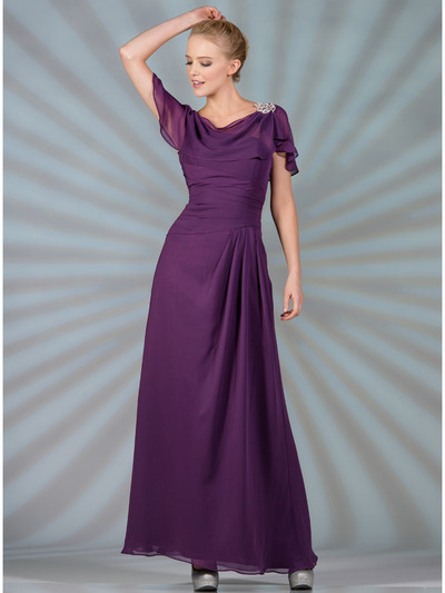 C1299 Chiffon Sleeves Evening Dress - Eggplant, Front View Medium