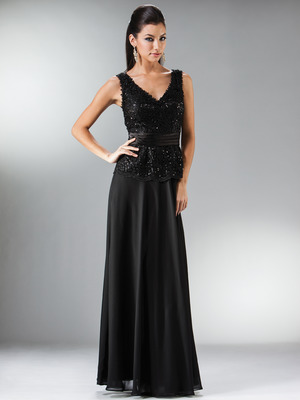 C1455 Rosette Trim Embellished Chiffon MOB Evening Dress, Black