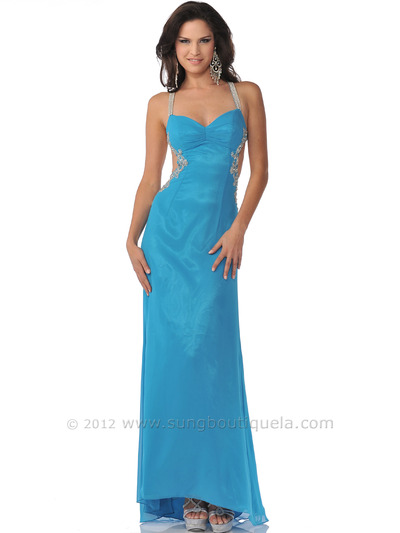 C1477 Cobalt Rhinestone Cross Back with Cut Out Prom Dress - Cobalt, Front View Medium