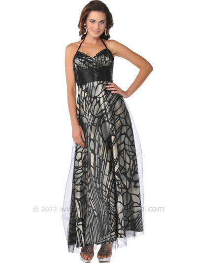 C1486 Halter Lace Overlay Print Evening Dress with Beaded Empire Waist - Print, Front View Medium