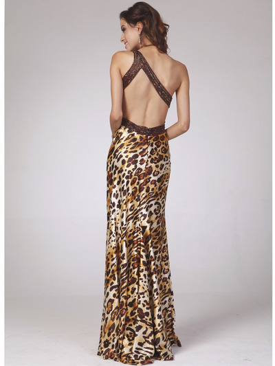 C1662 One Shoulder Animal Print Evening Dress - Print, Back View Medium