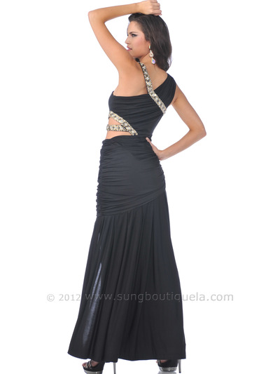 C1743 Asymmetrical Neckline Evening Dress - Black, Back View Medium
