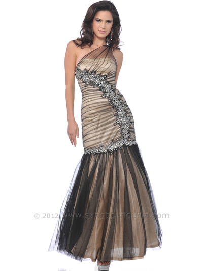 CC1801 Black Nude Lace Overlay Evening Dress with Jewel and Sequin - Black Nude, Front View Medium