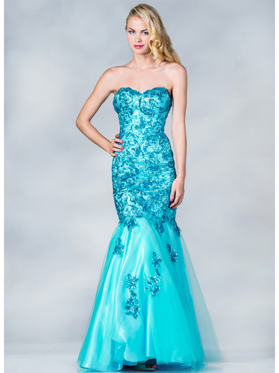 C1901 Lace and Sequin Prom Dress - Aqua, Front View Medium