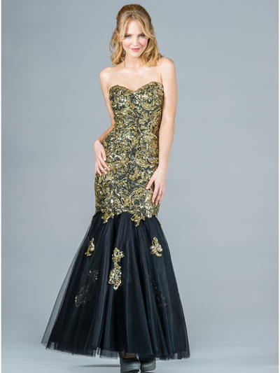 C1901 Lace and Sequin Prom Dress - Black Gold, Front View Medium