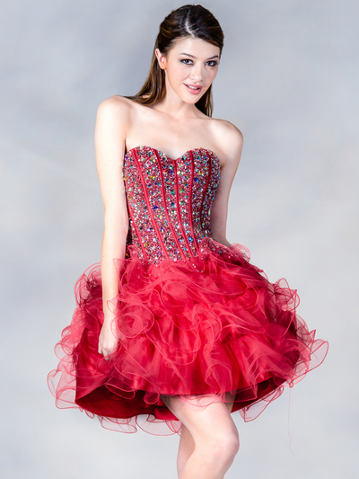 C1906 Watermelon Jeweled Corset Short Prom Dress - Watermelon, Front View Medium