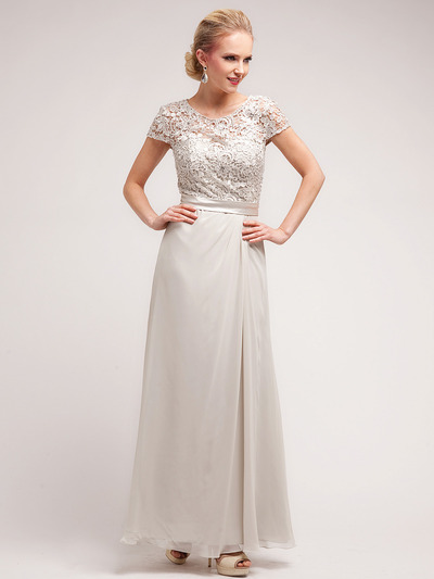 C1922 Elegant Lace and Floral Top Chiffon Evening Dress - Light Silver, Front View Medium