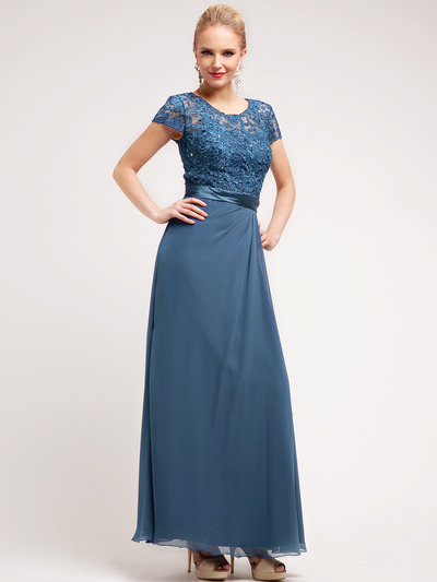 C1922 Elegant Lace and Floral Top Chiffon Evening Dress - Teal, Front View Medium