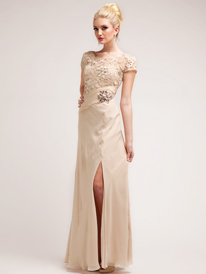 C1923 Lace and Floral Top Short Sleeve Evening Dress, Champagne