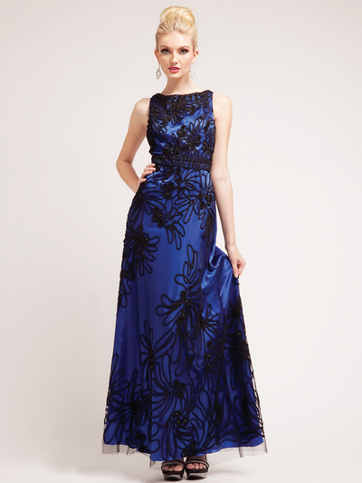 C1926 Mesh and Embroidery Over Satin Evening Dress - Royal, Front View Medium