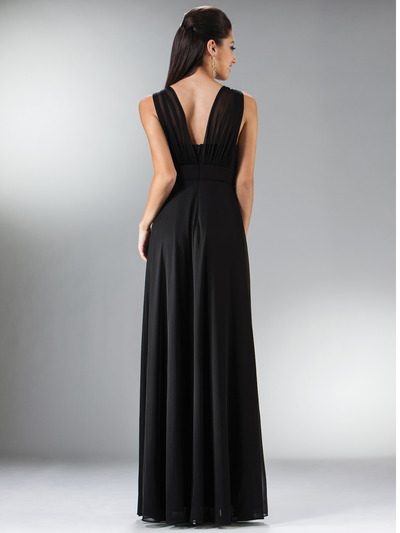 C3914 Empire Waist Mesh Overlay Top Evening Dress - Black, Back View Medium