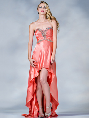 C5902 Coral Satin High Low Prom Dress, Coral