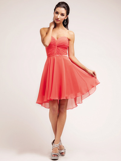 C7456 Strapless Sweetheart Chiffon Cocktail Dress - Coral, Front View Medium