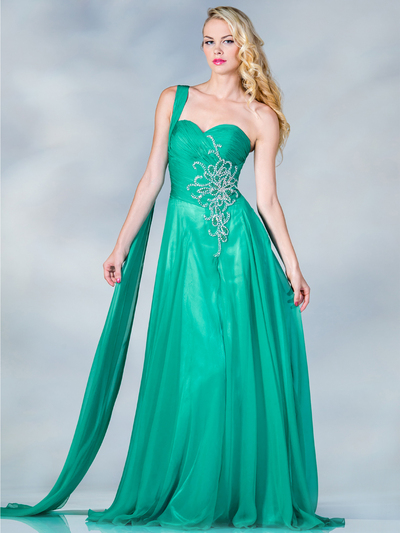 C7571 One Shoulder Sash Prom Dress - Jade, Front View Medium