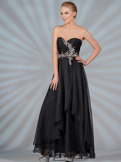 C7574 Layered Prom Gown - Black, Front View Medium