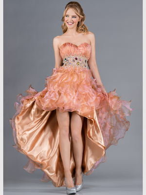 C7576 Jeweled Empire High Low Prom Dress, Gold