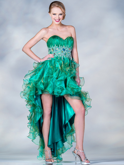C7576 Jeweled Empire High Low Prom Dress - Green, Front View Medium
