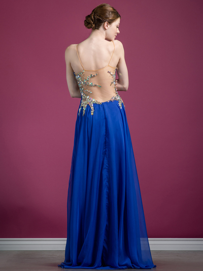 C7644 Royal Blue Jeweled Chiffon Prom Dress - Royal, Back View Medium