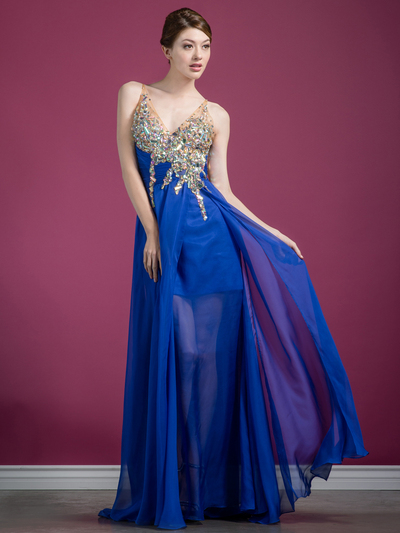 C7644 Royal Blue Jeweled Chiffon Prom Dress - Royal, Front View Medium