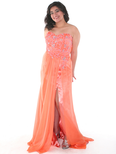 C7645 Strapless Floral Beaded Prom Dress - Orange, Front View Medium