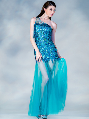 C7648 Blue One Shoulder Sheer and Sequin Prom Dress, Blue