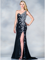 C7653 Floral Beaded One Shoulder Prom Dress - Black, Front View Thumbnail
