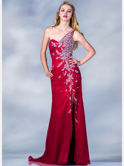 C7653 Floral Beaded One Shoulder Prom Dress - Red, Front View Medium