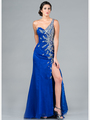 C7653 Floral Beaded One Shoulder Prom Dress - Royal, Front View Thumbnail