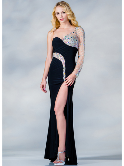 C7654 One Sleeve Fitted Evening Dress - Black, Front View Medium