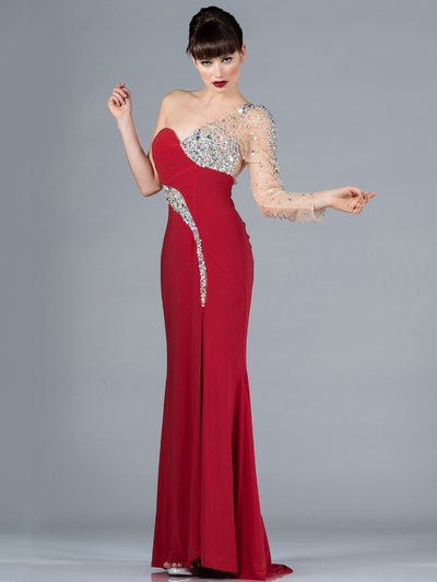 C7654 One Sleeve Fitted Evening Dress - Tangerine, Front View Medium
