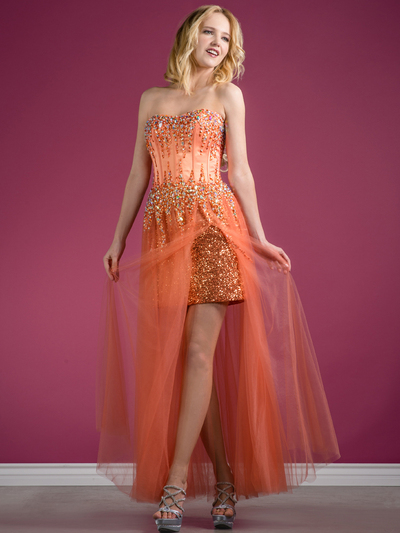 C7661 Beaded Corset Prom Dress - Peach, Front View Medium