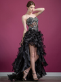 C7662 Corset Ruffled High Low Prom Dress - Black, Front View Thumbnail