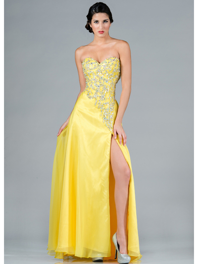 C7666 Beaded Bodice Prom Dress - Yellow, Front View Medium