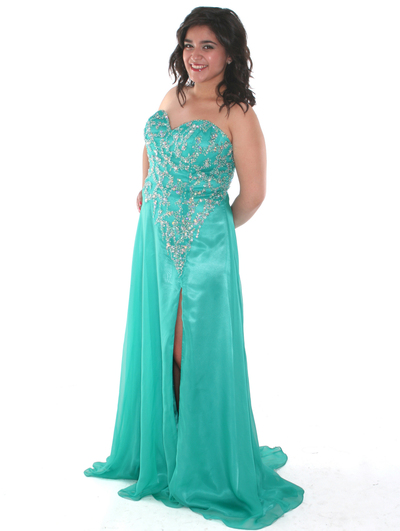 C7666 Beaded Bodice Prom Dress - Jade, Front View Medium