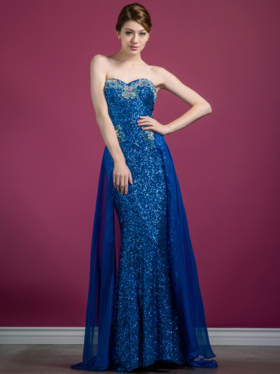 C7672 Sequin Evening Dress with Chiffon Train - Royal Blue, Front View Medium