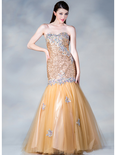 C7678 Gold Mermaid Style Prom Dress - Gold, Front View Medium