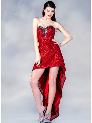 C7682 High Low Sequin Prom Dress, Red
