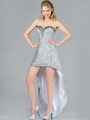 C7682 High Low Sequin Prom Dress - Silver, Front View Thumbnail