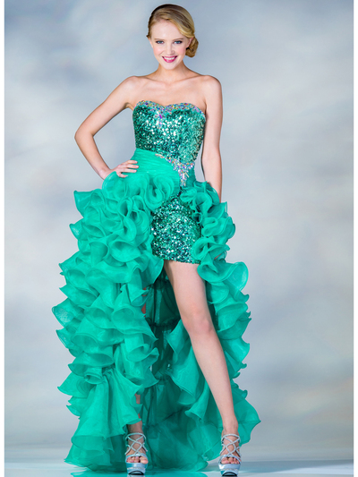 C7685 Sequin High Low Prom Dress - Jade, Front View Medium