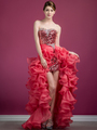 C7685 Sequin High Low Prom Dress - Watermelon, Front View Thumbnail