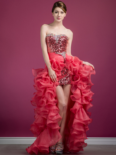 C7685 Sequin High Low Prom Dress - Watermelon, Front View Medium