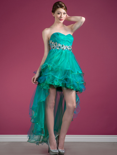 C7686 Jeweled Shimmer High Low Prom Dress - Turquoise, Front View Medium
