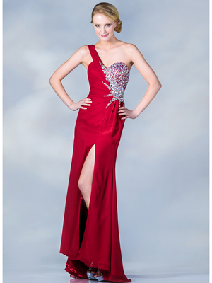 C7692 Red One Shoulder Jeweled Prom Dress, Red